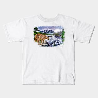 Mountain Lion At The Falls Kids T-Shirt